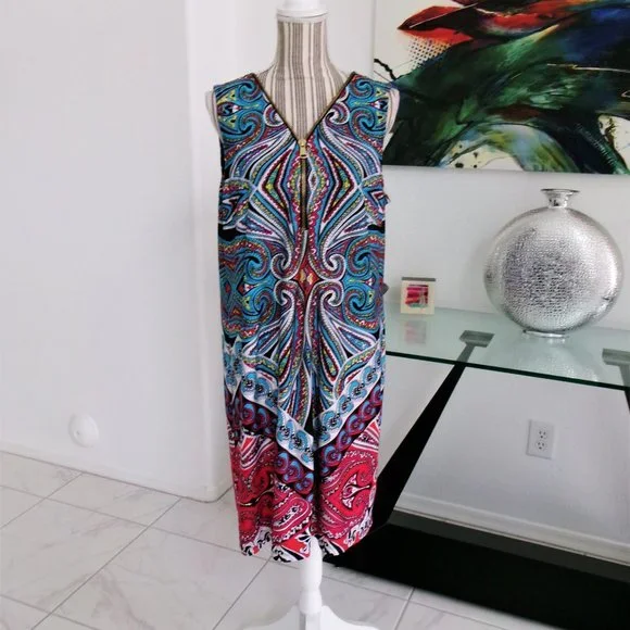 MSK | Dresses | Msk Stretch Jersey Paisley Print Dress Zipper Front Blue  Red Black Xl 4 16 | Poshmark